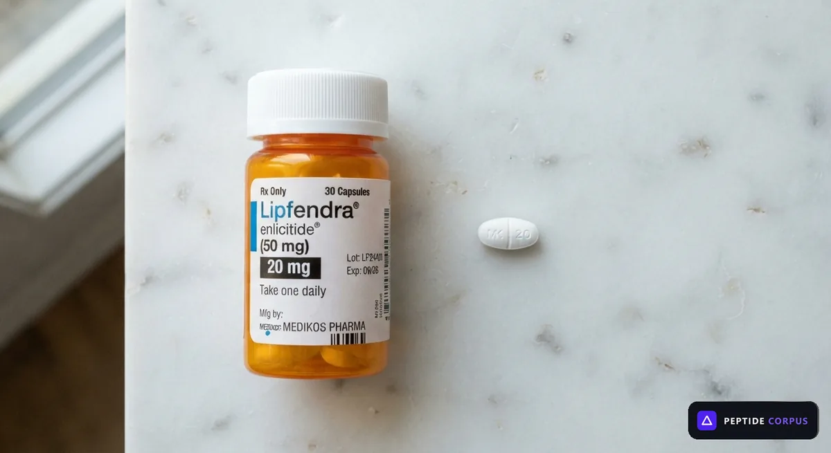An amber prescription bottle labelled Lipfendra (enlicitide) 20 mg, 30 capsules, lying on a white marble counter beside a single white oval tablet.