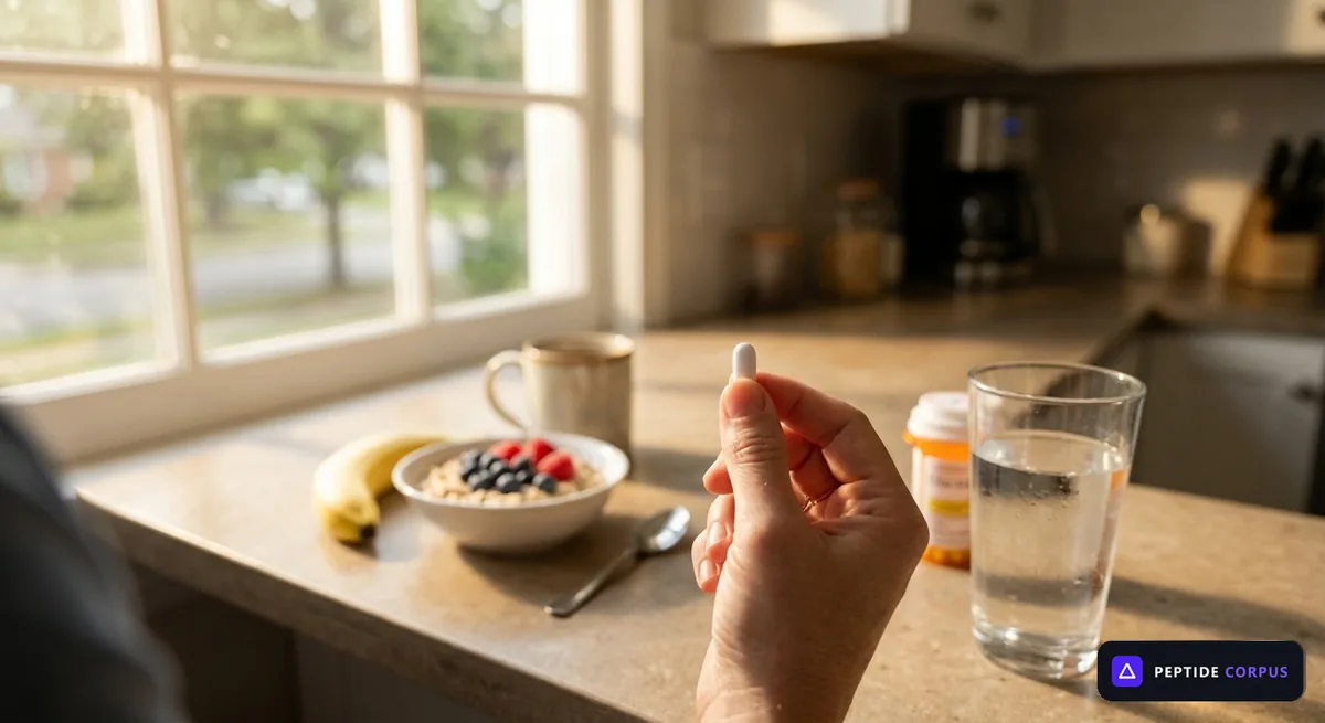 A hand holding a small white tablet at a sunlit kitchen counter, with a glass of water, a prescription bottle, a mug of coffee and a bowl of oats and berries in the background.