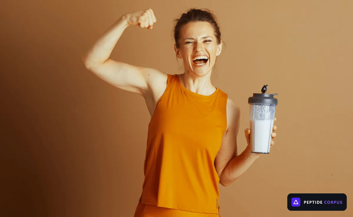 A woman in orange gym clothing raising one arm in a bicep flex and laughing, holding a shaker bottle of white liquid in her other hand.