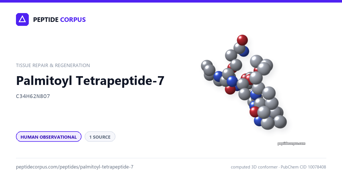 Share card for Palmitoyl Tetrapeptide-7: structure, evidence rung and sources on file