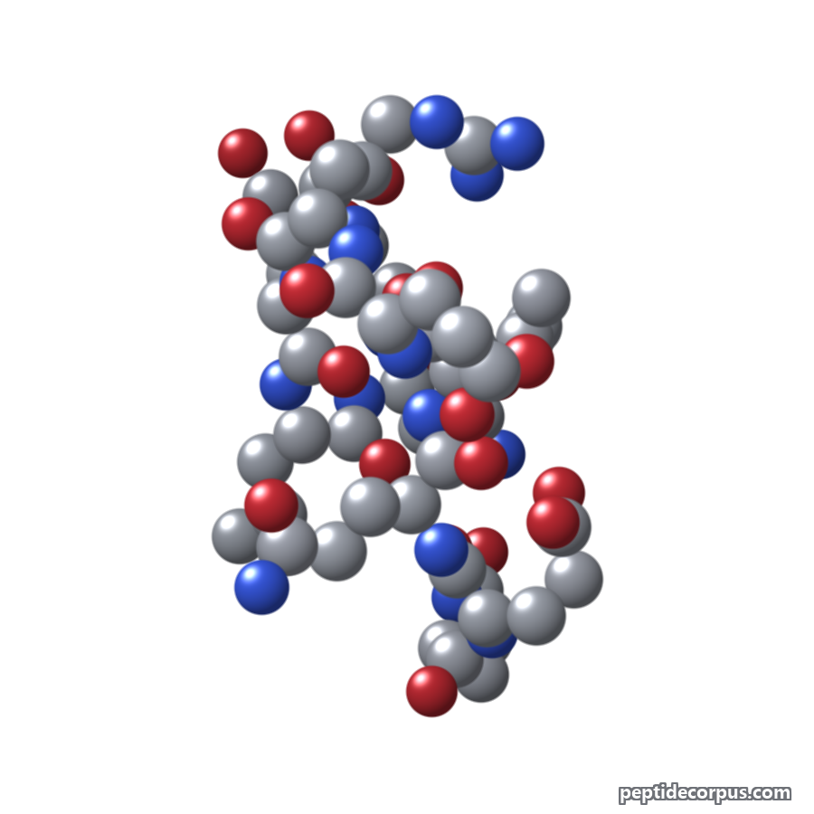 Space-filling 3D model of ARA-290, carbon grey, nitrogen blue, oxygen red