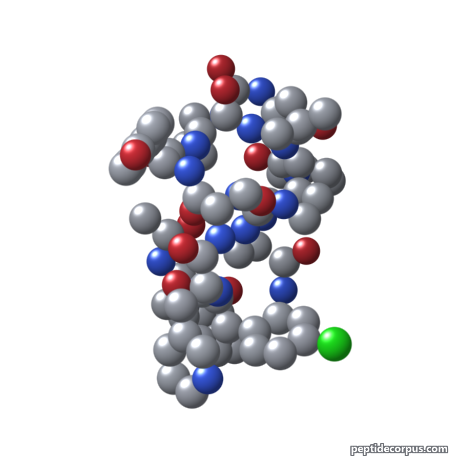 Space-filling 3D model of Cetrorelix, carbon grey, nitrogen blue, oxygen red