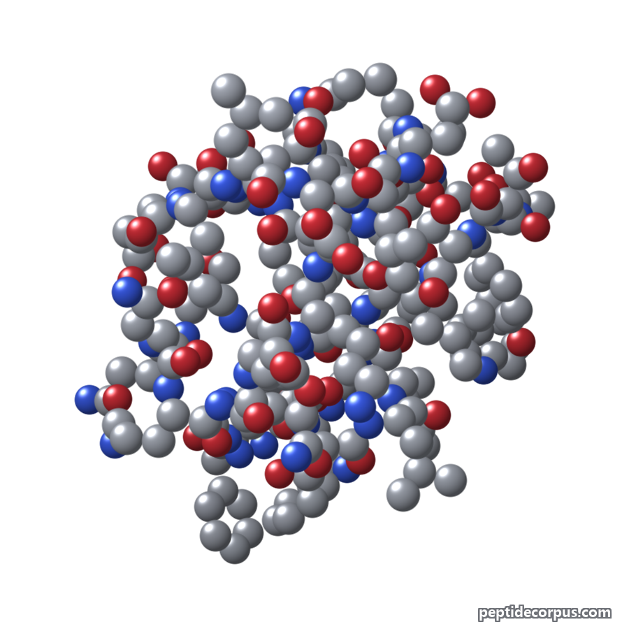 Space-filling 3D model of Enfuvirtide, carbon grey, nitrogen blue, oxygen red