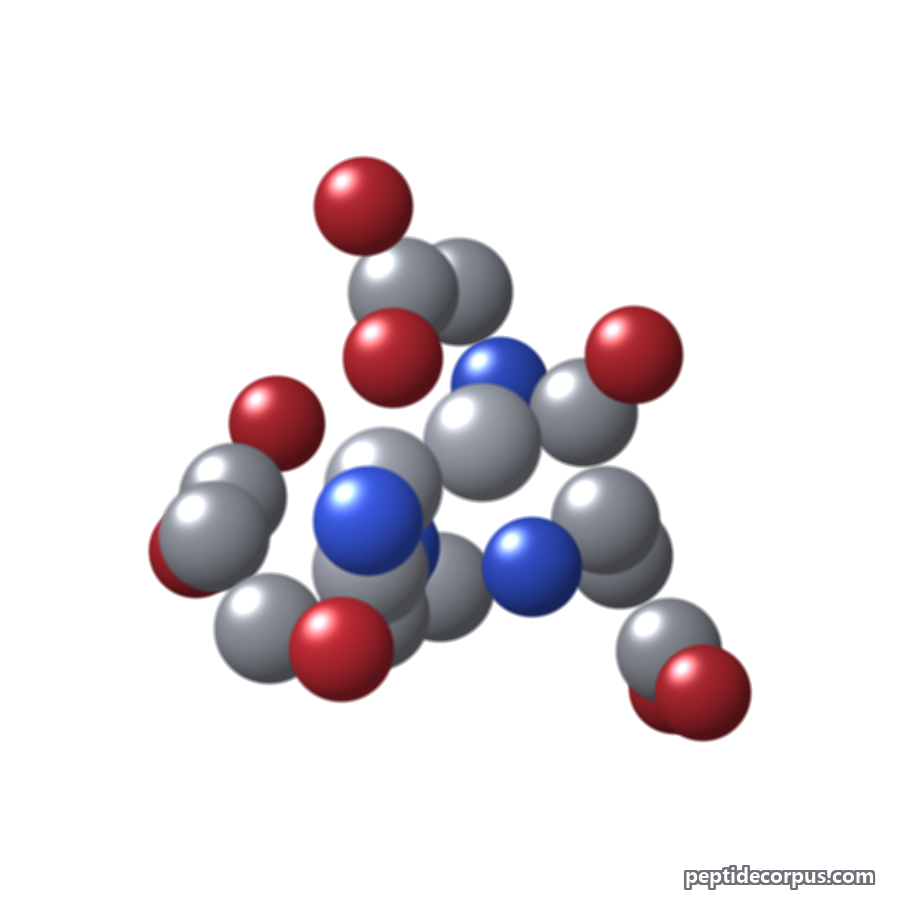 Space-filling 3D model of Epitalon, carbon grey, nitrogen blue, oxygen red
