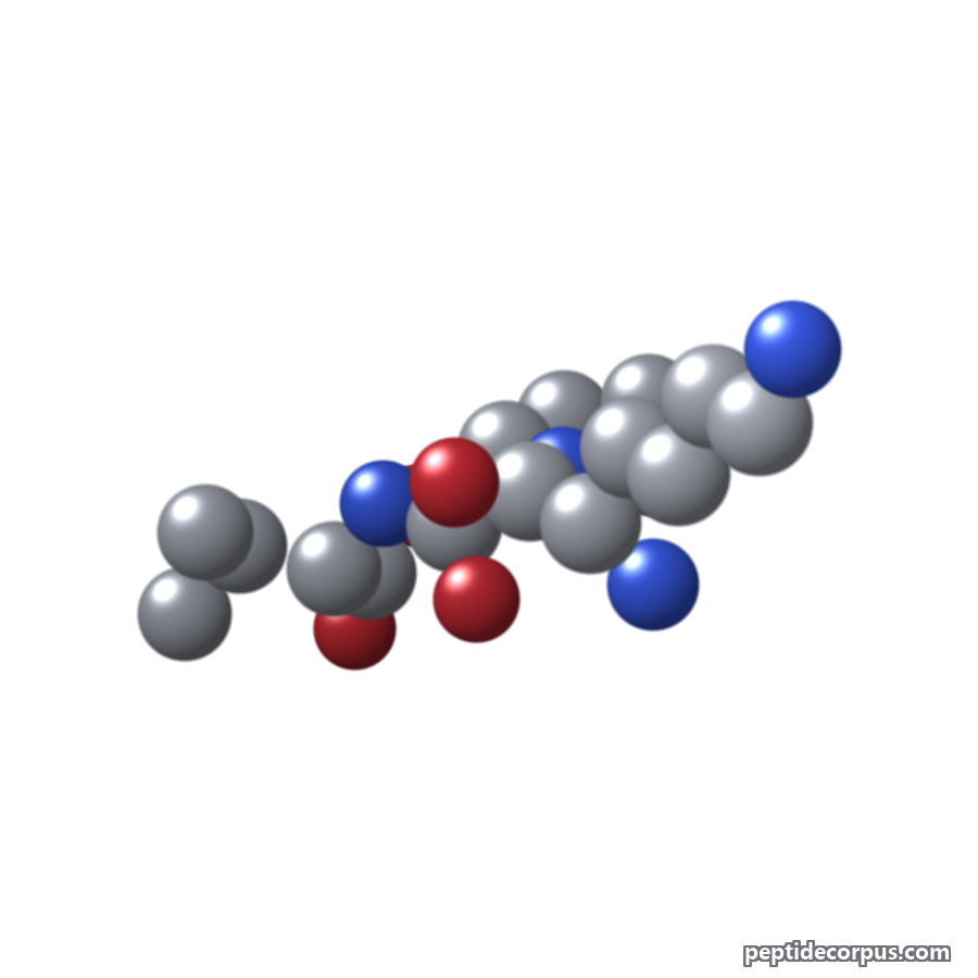 Space-filling 3D model of KPV, carbon grey, nitrogen blue, oxygen red