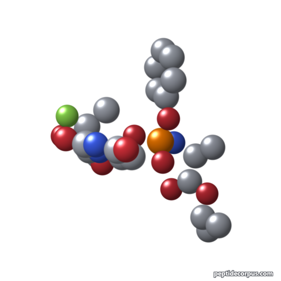 Space-filling 3D model of Sofosbuvir, carbon grey, nitrogen blue, oxygen red