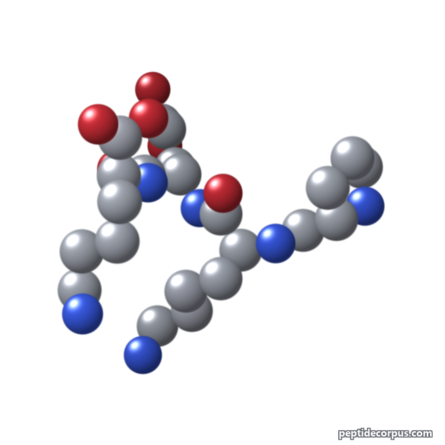 Space-filling 3D model of Tetrapeptide-30, carbon grey, nitrogen blue, oxygen red