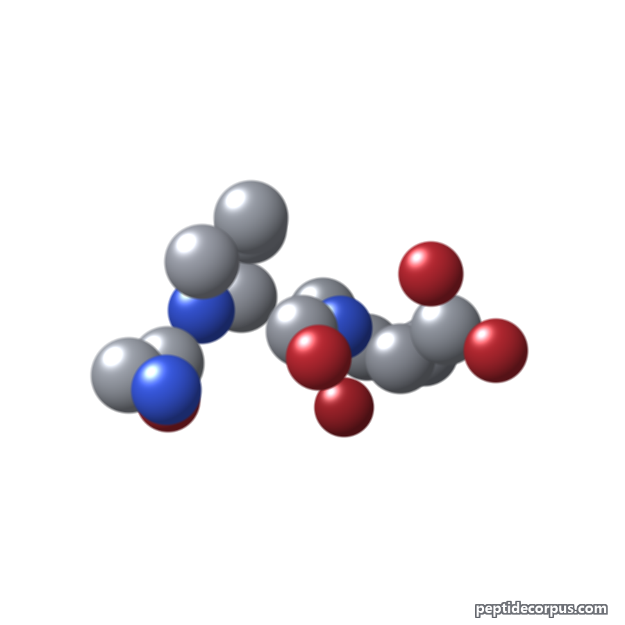 Space-filling 3D model of Tripeptide-29, carbon grey, nitrogen blue, oxygen red