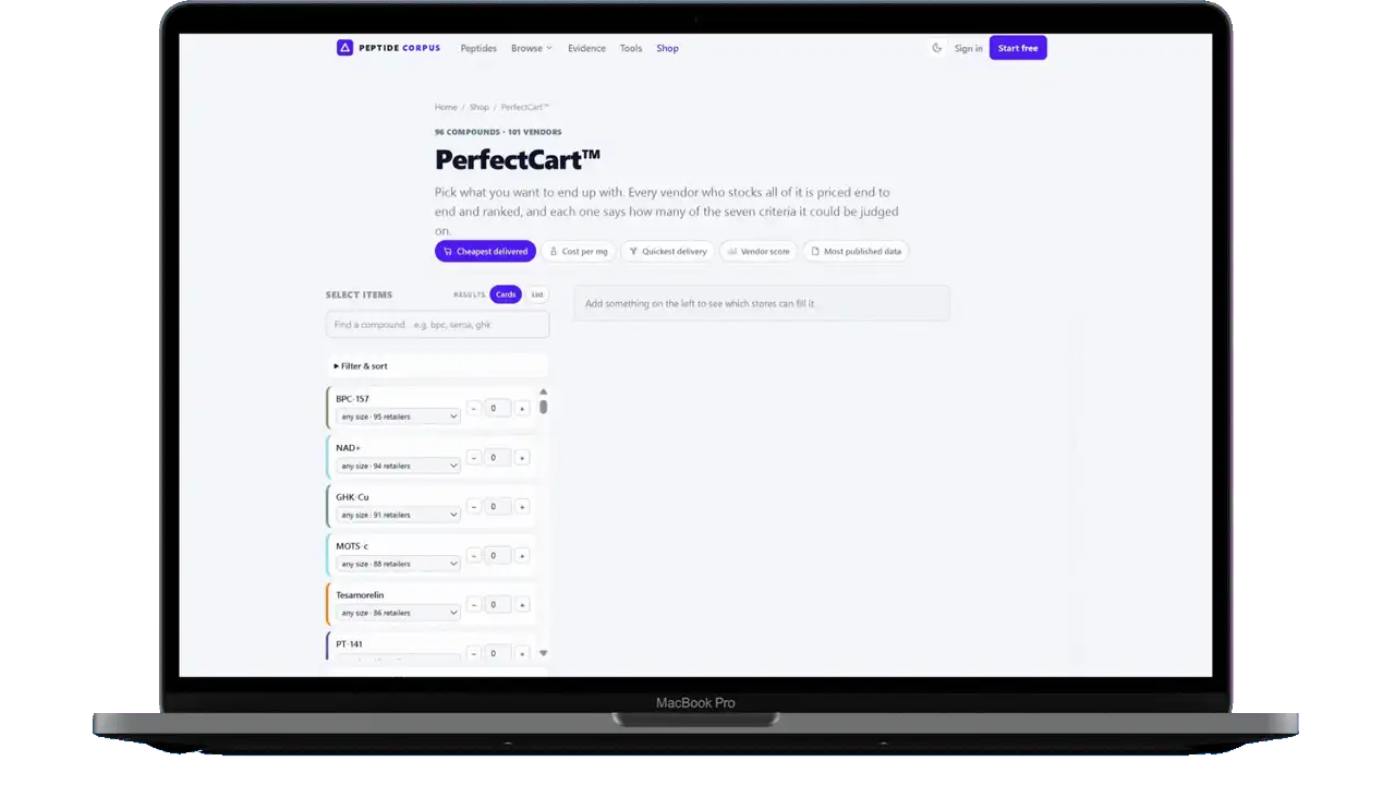A screen recording. Compounds are picked from a list on the left; the column on the right fills with stores ranked by what the whole basket would cost delivered, each with a checkout button. One is chosen, and the recording ends in that store's own basket with the three items in it and a discount code already typed into the coupon box.